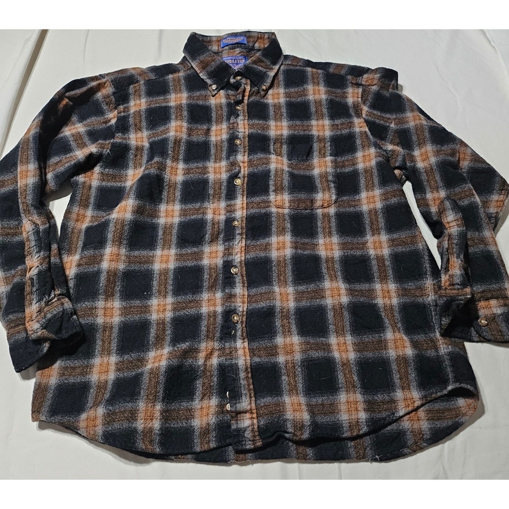 Pendleton Flannel Shirt Mens XL Sir Pendleton Wool Plaid Black Orange ButtonDown